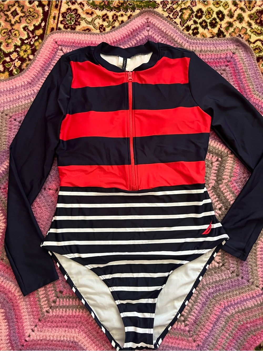 Nautica Navy & Red Zip-Front Long Sleeve Swimsuit - Picture 3 of 5